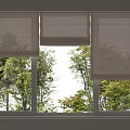 Natural Linen Roman Shades On Window With Green Trees Outside View