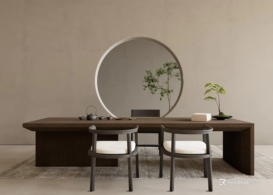 Wooden Tea Table With Comfortable Chairs White Cushions Round Mirror And Green Plants 3d model 