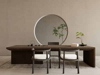 Wooden Tea Table With Comfortable Chairs White Cushions Round Mirror And Green Plants 3d model