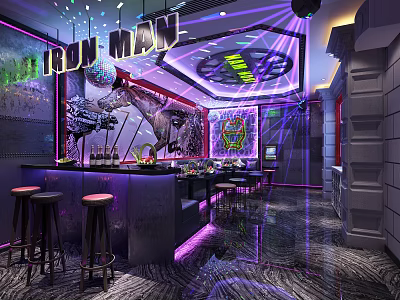 KTV Interior Design With Iron Man Theme Neon Lights Bar Counter And Stools 3d model