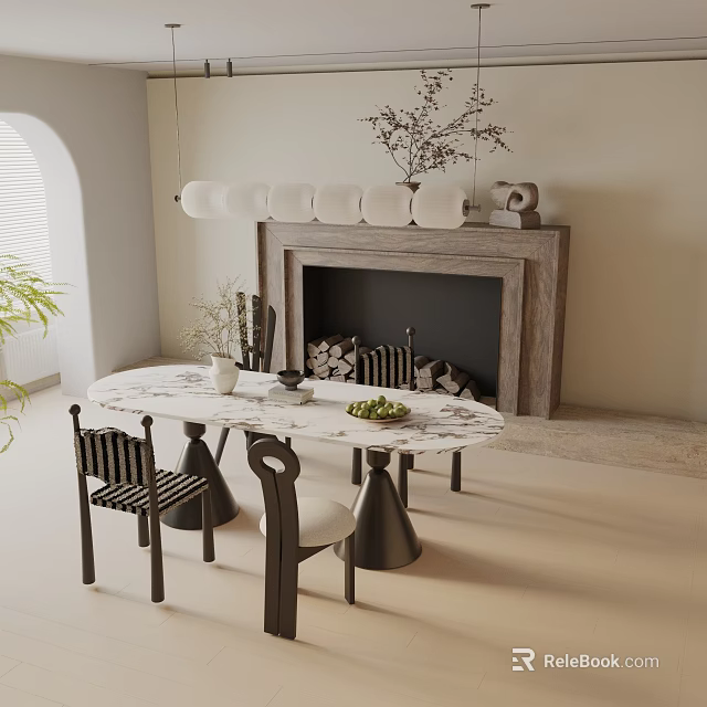 Modern Round Marble Dining Table Set With Striped Chairs Fireplace Pendant Lights And Decorative Plants 3d model 