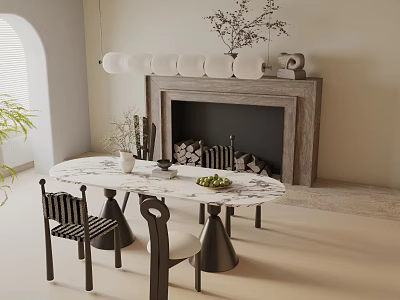Modern Round Marble Dining Table Set With Striped Chairs Fireplace Pendant Lights And Decorative Plants 3d model