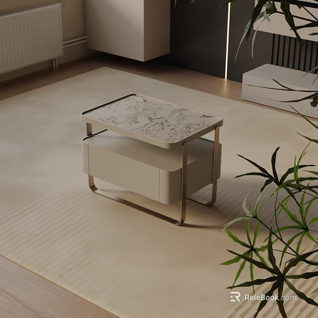 Modern Bedside Table With Marble Top And Metal Frame On Soft Rug 3d model 