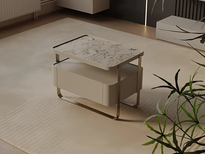 Modern Bedside Table With Marble Top And Metal Frame On Soft Rug 3d model