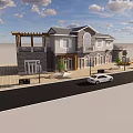 Luxurious Modern Commercial Complex With Courtyard Parking Greenery Fountain And Outdoor Seating