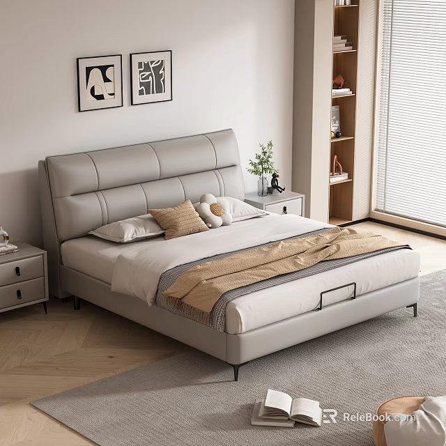 Modern Double Bed with Stitched Headboard Pillows Throw Blanket Nightstands Bookshelf and Wall Art 3d model 