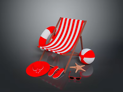 Beach Scenery Featuring Red And White Striped Deck Chair Lifebuoy Beach Ball And Starfish 3d model