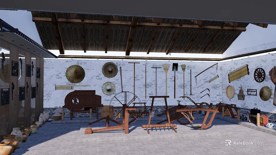 Traditional Farm Tools Display in Garden Landscape With Thatched Roof and White Brick Wall 3d model 