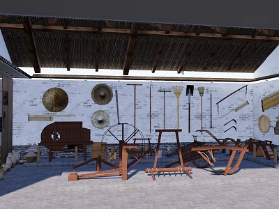 Traditional Farm Tools Display in Garden Landscape With Thatched Roof and White Brick Wall 3d model