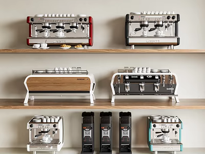 Colorful Coffee Machines Of Various Styles Displayed On Wooden Shelves 3d model