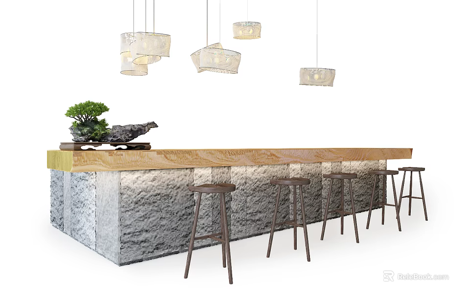 Modern Bar Design With Wooden Countertop Stone Base Bar Stools And Pendant Lights 3d model 