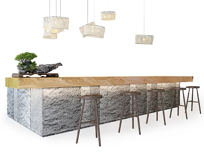 Modern Bar Design With Wooden Countertop Stone Base Bar Stools And Pendant Lights 3d model