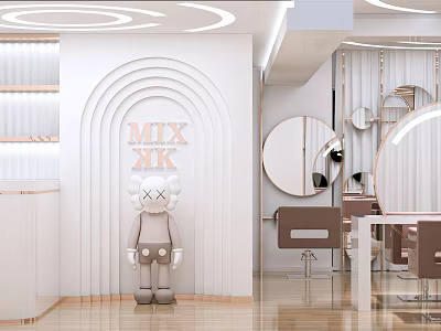 Modern Hair Salon Interior With White Arched Walls Round Mirrors Barber Chairs And Wooden Flooring 3d model