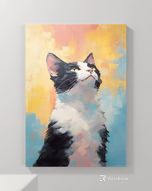 Vibrant Black and White Cat Animal Oil Painting with Colorful Abstract Background 3d model 