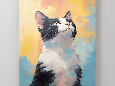 Vibrant Black and White Cat Animal Oil Painting with Colorful Abstract Background 3d model