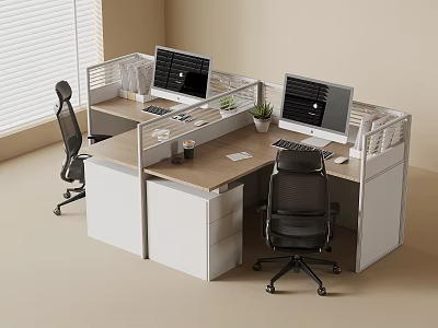 Modern Office Cubicle Workstations With Computer Monitors And Black Office Chairs 3d model