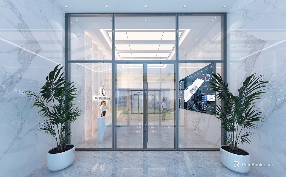 Modern Laboratory Entrance Hall With Glass Doors Marble Walls And Digital Display Screens 3d model 