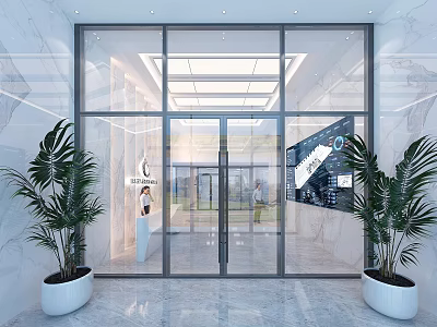 Modern Laboratory Entrance Hall With Glass Doors Marble Walls And Digital Display Screens 3d model