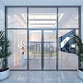 Modern Laboratory Entrance Hall With Glass Doors Marble Walls And Digital Display Screens