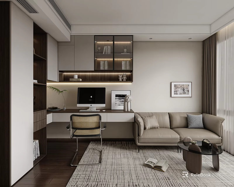 Modern Study Room Interior With Desk Computer Sofa And Bookshelf 3d model