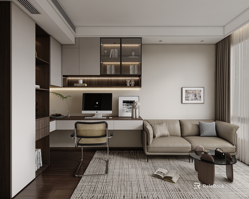 Modern Study Room Interior With Desk Computer Sofa And Bookshelf 3d model 