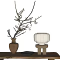 Japanese Lit Table Lamp With Paper Shade Wooden Base And Vase With White Flower Branches
