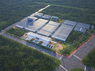 Large Scale Industrial Factory Layout With Multiple Buildings Surrounded by Forest And Roads 3d model