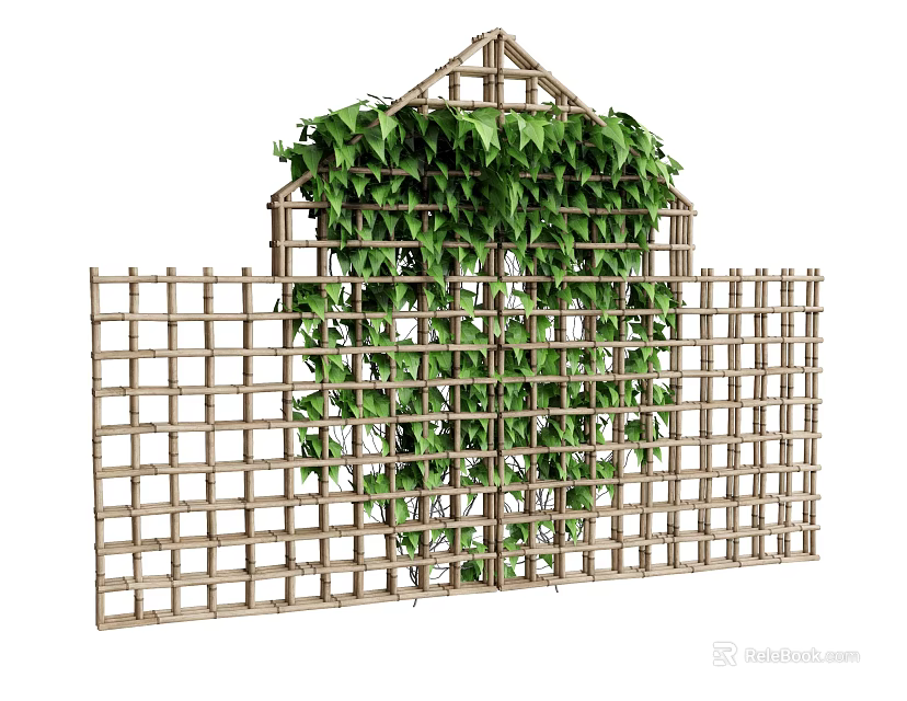 Bamboo Lattice Fence Covered With Green Ivy For Garden Decoration 3d model 