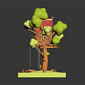 Cute Cartoon Treehouse Scene With Red Roof Yellow Leaves Tree Wooden Ladder And Small Platform