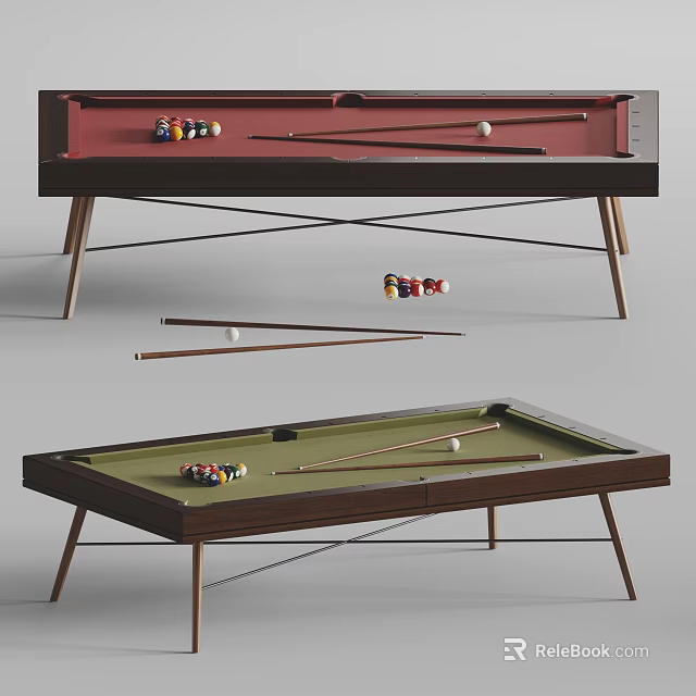 Modern Billiard Tables With Red Green Felt Surfaces Wooden Frames Balls And Cues 3d model 