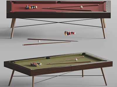 Modern Billiard Tables With Red Green Felt Surfaces Wooden Frames Balls And Cues 3d model