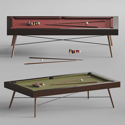 Modern Billiard Tables With Red Green Felt Surfaces Wooden Frames Balls And Cues 3d model