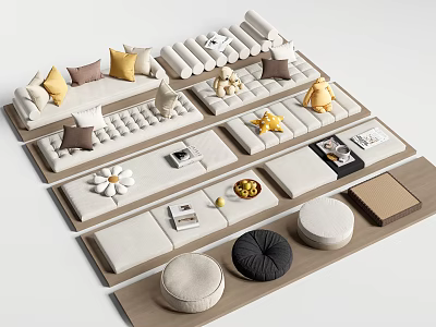 Modern Living Room Sofa Setup With Colorful Pillows Round Poufs And Coffee Table Items 3d model