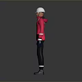 Man Wearing Red Jacket White Hard Hat Black Pants And Blue Gloves