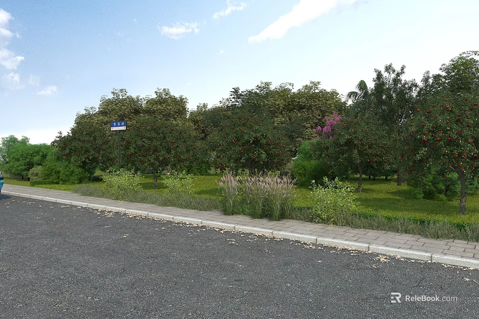 Scenic Municipal Road with Lush Green Trees Grass Shrubs and Stone Sidewalk Landscaping 3d model 