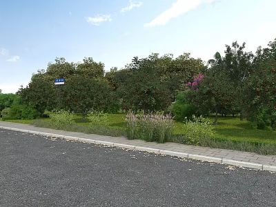 Scenic Municipal Road with Lush Green Trees Grass Shrubs and Stone Sidewalk Landscaping 3d model