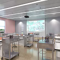 School Science Lab With Pink Walls Windows Metal Lab Tables Projector Screen And Orange Models