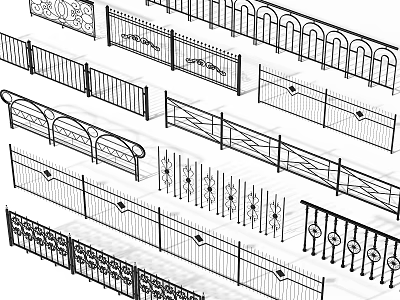 Various Decorative Metal Fence Designs Featuring Ornate Patterns and Structures 3d model