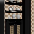 Black Cabinet with Shelves Rattan Doors Displaying Blue White Vases Books on Checkerboard Tile
