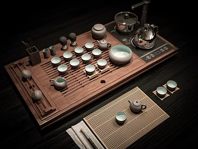Traditional Ceramic Tea Set With Wooden Tray Teapot Cups And Tea Tools 3d model