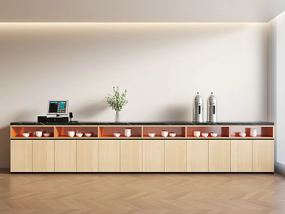 Modern Light Wooden Sideboard with Black Countertop Drawers Cabinets Green Plant and Silver Bottles 3d model