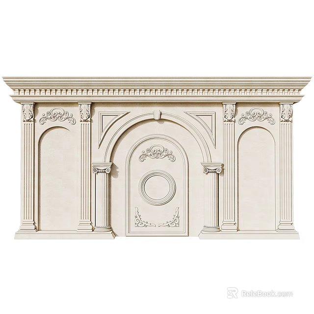 Classical Building Exterior Wall With Ornate Carvings Arched Design Symmetrical Structure And Columns 3d model 