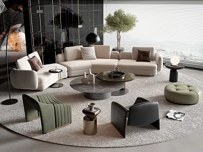 Modern Living Room Sofa Coffee Table Set With Round Table And Accent Chairs 3d model