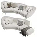 Light Beige Curved Multiple Seater Sofa With Checkered Throw Pillows And Throw Blanket 3d model