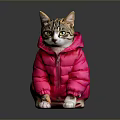 Cute Tabby Cat Wearing Bright Pink Puffer Coat Sitting On Shiny Dark Surface