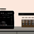 Black Coffee Machine With Wooden Spice Rack And Glass Jars On Kitchen Counter