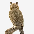 Great Horned Owl Perched On Wooden Branch With Detailed Feathers And Yellow Eyes