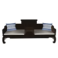 Traditional Chinese Luohan Bed With Carved Backrest Soft Cushions And Small Table Between Seats