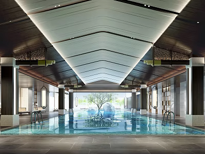 Luxurious Indoor Swimming Pool With Central Fountain And Decorative Ceiling Lighting Design 3d model