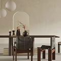 Stylish Dark Wood Dining Table Set with Four Chairs Vase Candles and White Pendant Lights